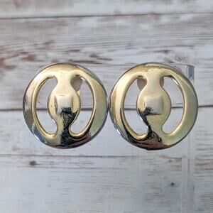 Vintage Clip On Earrings - Large Cut Out Design Circle Gold Tone